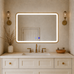 Oglindă de baie cu iluminare LED și funcție anti-ceață - Ramă aurie 80x60 cm