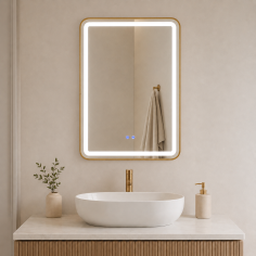 Oglindă de baie Bianca cu iluminare LED și funcție anti-aburire – ramă aurie, 60x80 cm