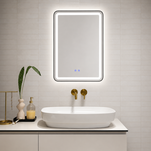 Oglindă de baie Bianca cu iluminare LED și funcție anti-aburire – ramă argintie, 60x80 cm