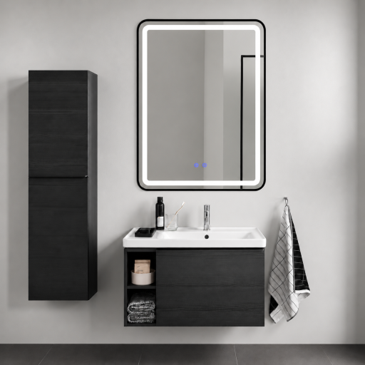 Oglindă de baie Bianca cu iluminare LED și funcție anti-aburire – ramă neagră, 60x80 cm