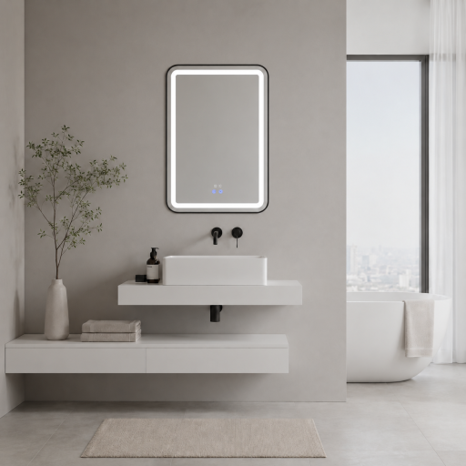 Oglindă de baie Bianca cu iluminare LED și funcție anti-aburire – ramă argintie, 60x80 cm